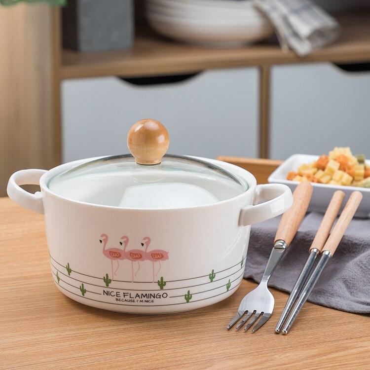 OUSSIRRO Flamingos Cartoon Creative instant Noodles Bowl With lid Ceramic Bowl Cute Student Job Bowl Soup Bowl - waseeh.com