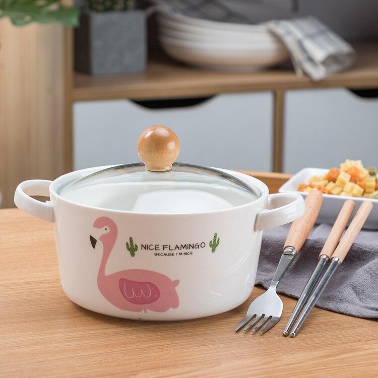 OUSSIRRO Flamingos Cartoon Creative instant Noodles Bowl With lid Ceramic Bowl Cute Student Job Bowl Soup Bowl - waseeh.com