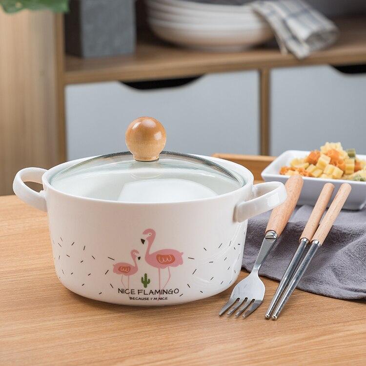 OUSSIRRO Flamingos Cartoon Creative instant Noodles Bowl With lid Ceramic Bowl Cute Student Job Bowl Soup Bowl - waseeh.com