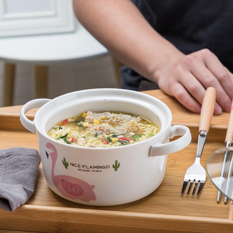 OUSSIRRO Flamingos Cartoon Creative instant Noodles Bowl With lid Ceramic Bowl Cute Student Job Bowl Soup Bowl - waseeh.com