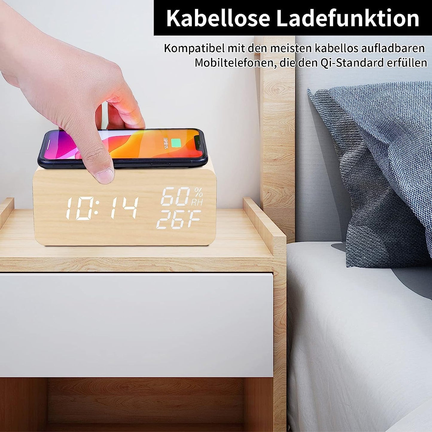Wooden Digital Alarm Clock (Wireless Charging) - waseeh.com
