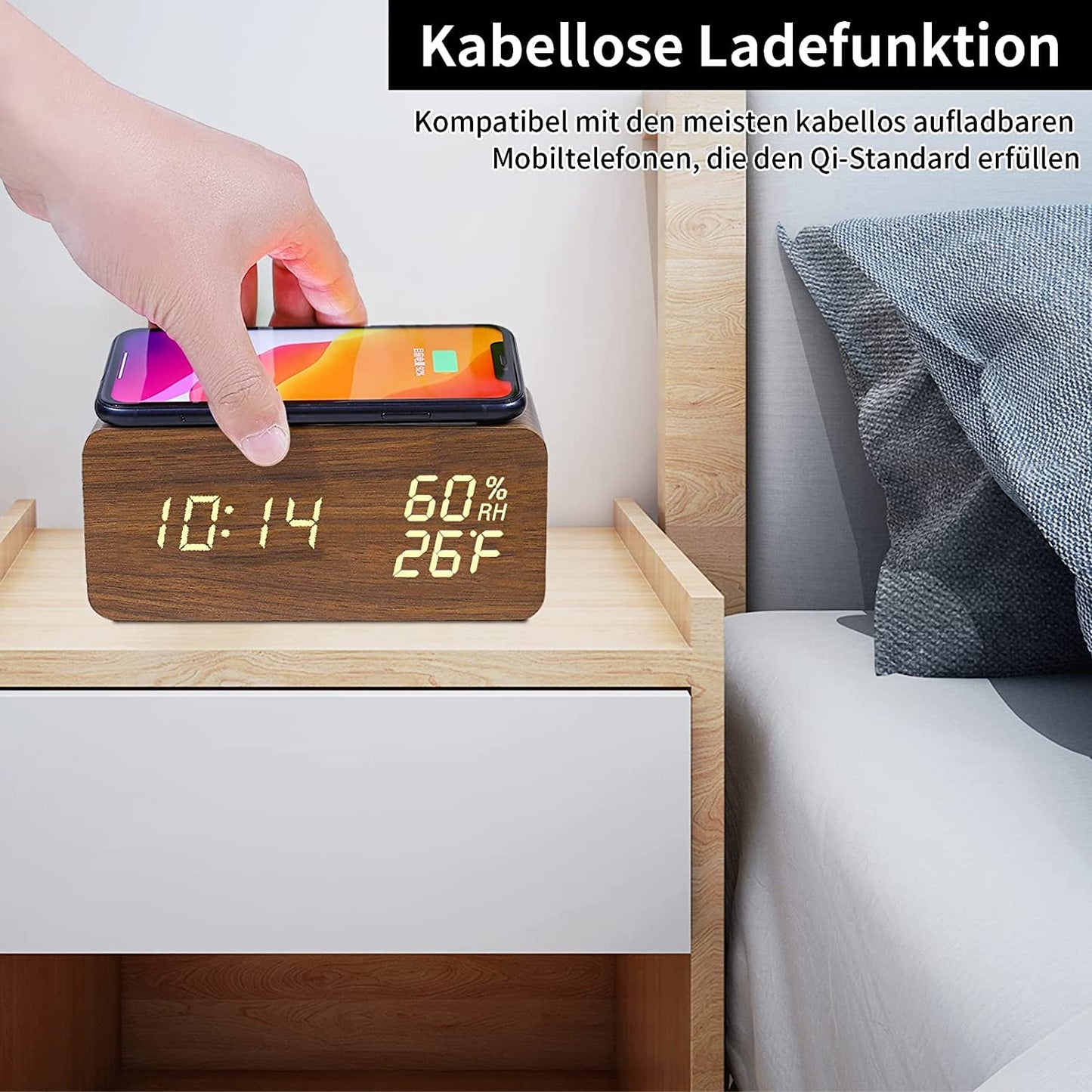 Wooden Digital Alarm Clock (Wireless Charging) - waseeh.com