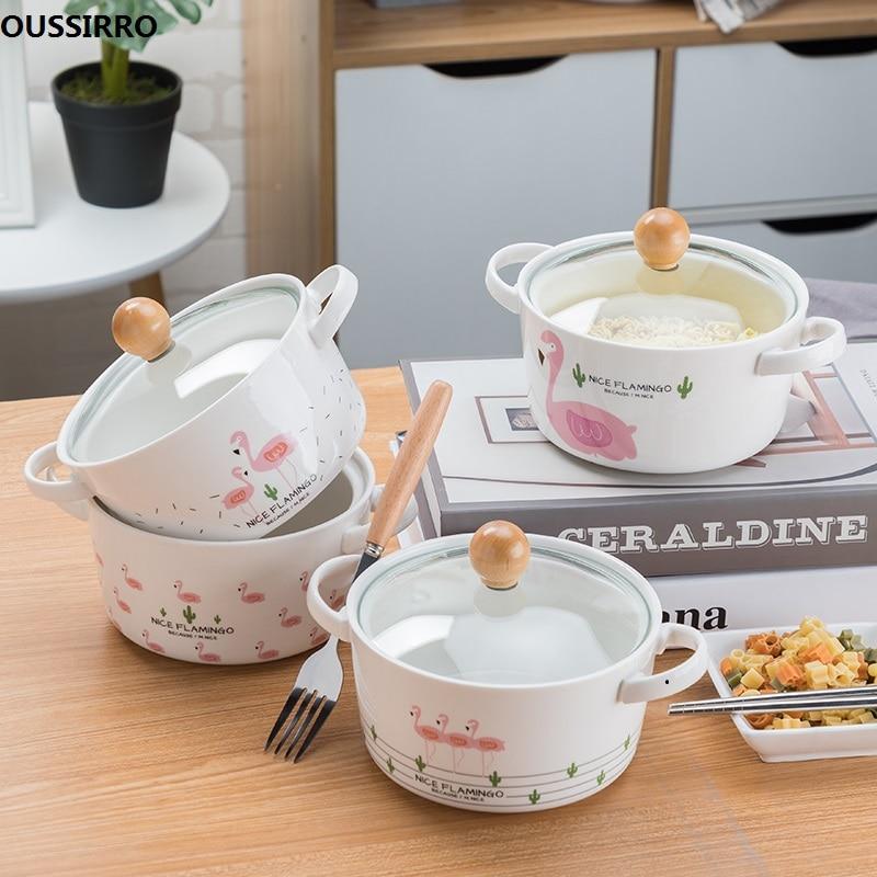 OUSSIRRO Flamingos Cartoon Creative instant Noodles Bowl With lid Ceramic Bowl Cute Student Job Bowl Soup Bowl - waseeh.com