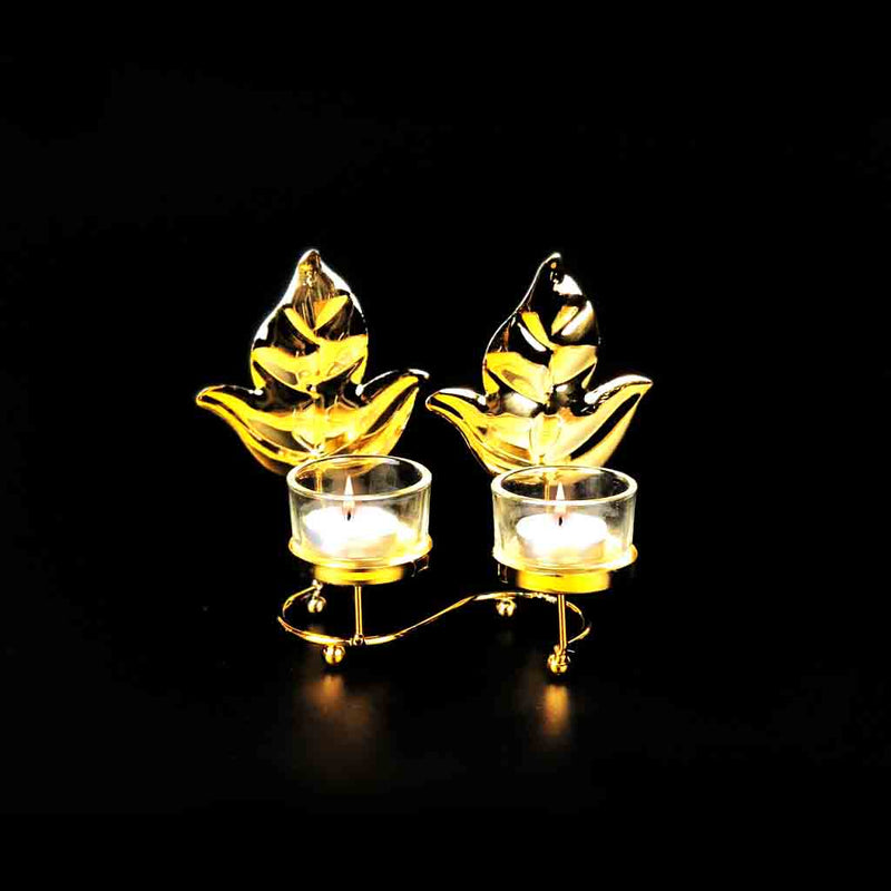 Leaf Metal Golden Double Candle Stand with Glass Pot - waseeh.com