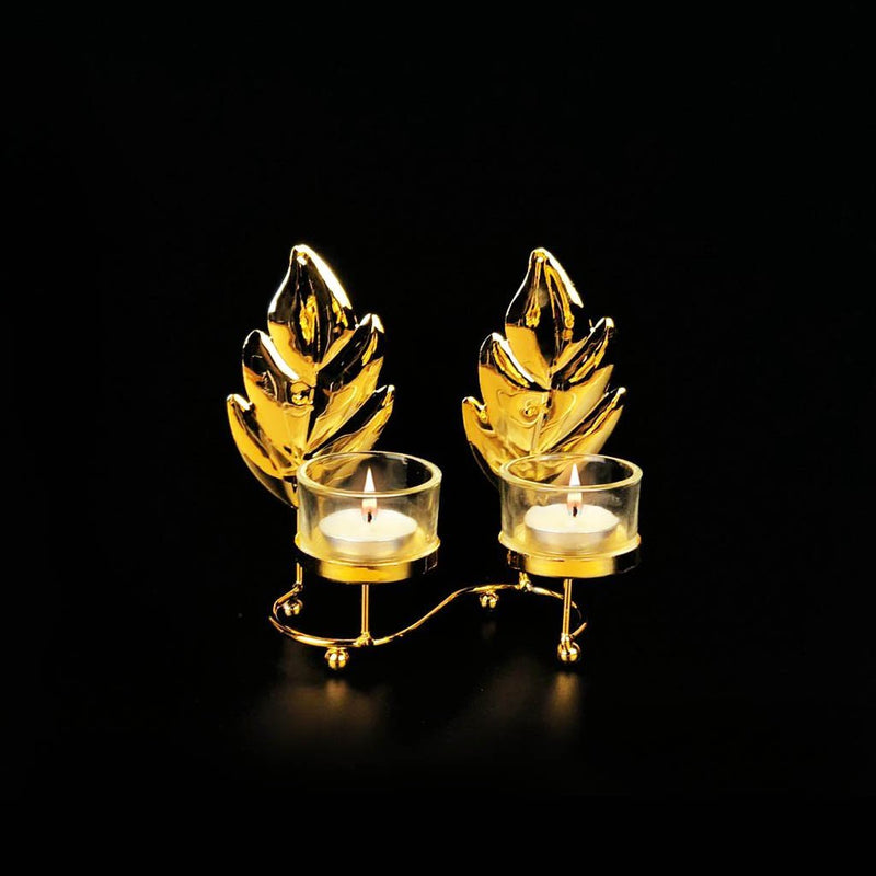 Leaf Metal Golden Double Candle Stand with Glass Pot - waseeh.com