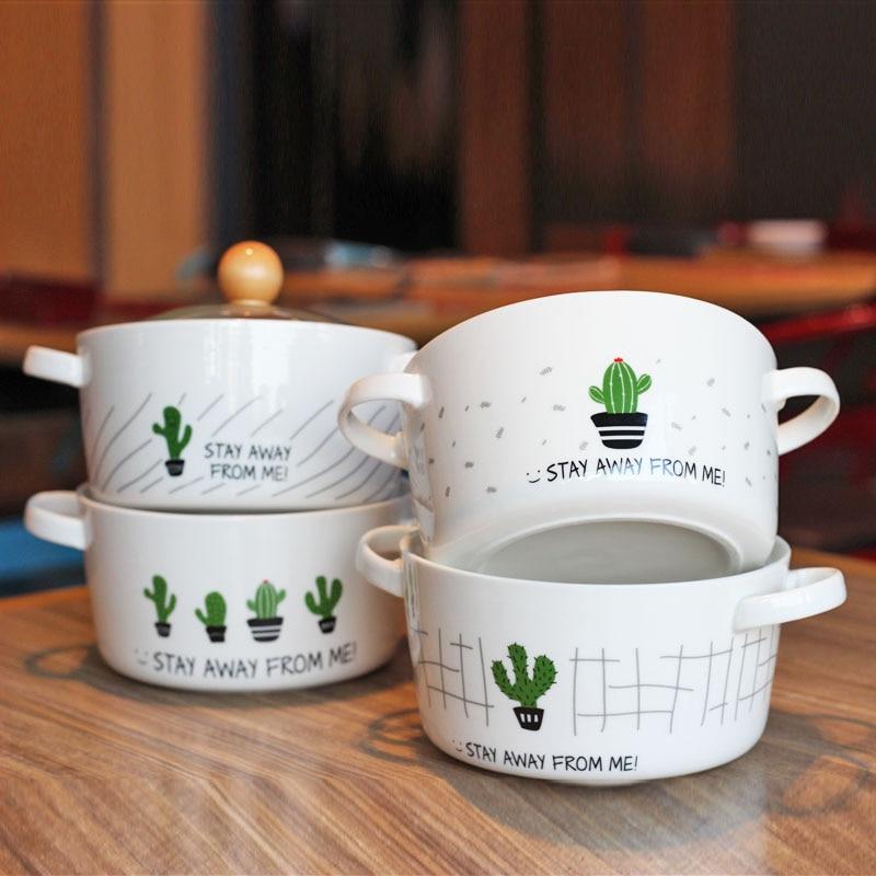 Cartoon Cactus Creative Ceramic Bowl Double Ear Anti-scalding Soup Bowl Korean Style Large Capacity Noodle Bowl - waseeh.com