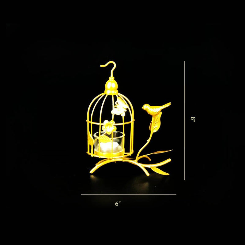 Bird Cage Metal Golden Candle Stand with Glass Pot - waseeh.com