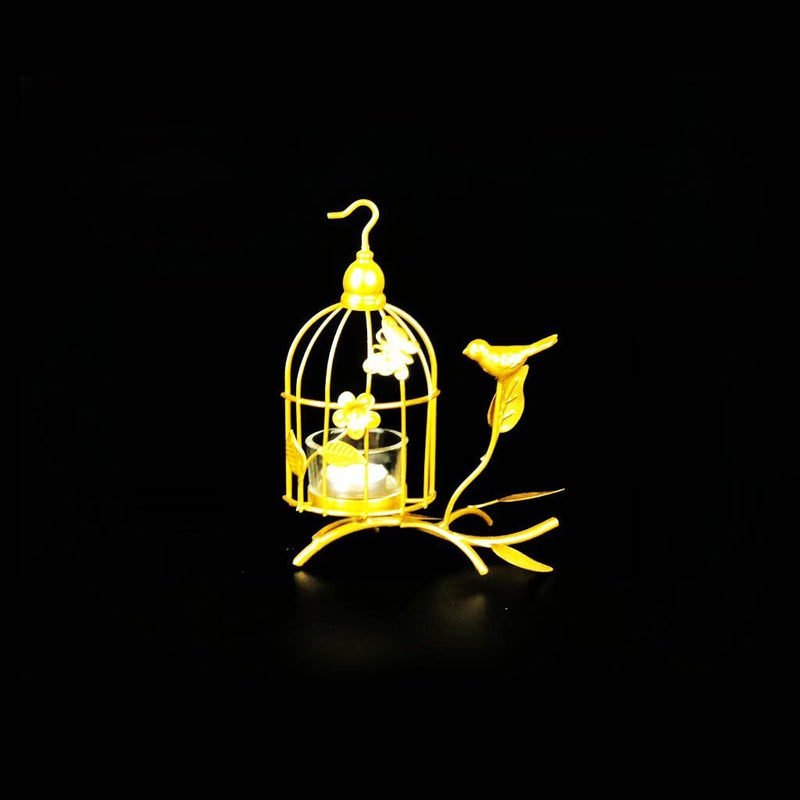 Bird Cage Metal Golden Candle Stand with Glass Pot - waseeh.com