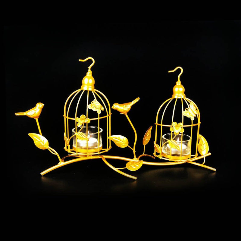 Bird Cage Metal Golden Candle Stand with Glass Pot - waseeh.com