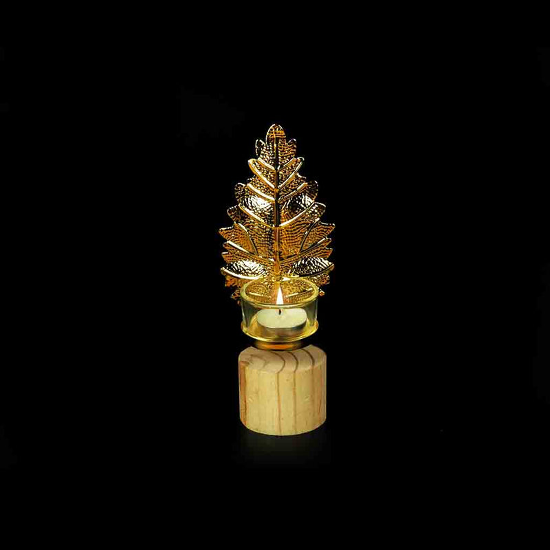 Leaf Metal Golden Candle Stand with Wooden Bases & Glass Pot - waseeh.com