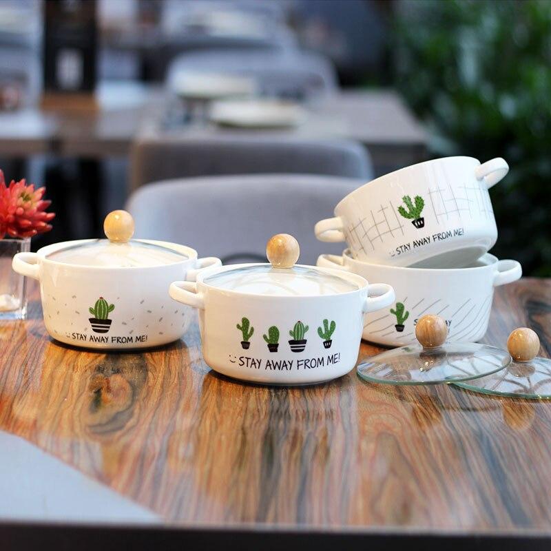 Cartoon Cactus Creative Ceramic Bowl Double Ear Anti-scalding Soup Bowl Korean Style Large Capacity Noodle Bowl - waseeh.com