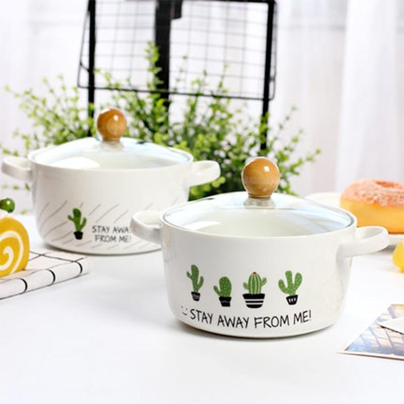 Cartoon Cactus Creative Ceramic Bowl Double Ear Anti-scalding Soup Bowl Korean Style Large Capacity Noodle Bowl - waseeh.com