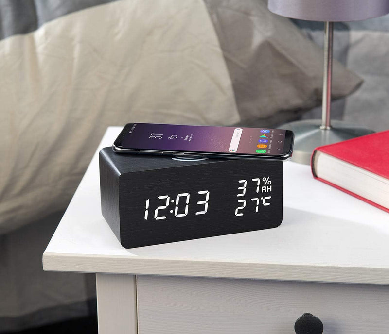 Wooden Digital Alarm Clock  (Wireless Charging) - waseeh.com