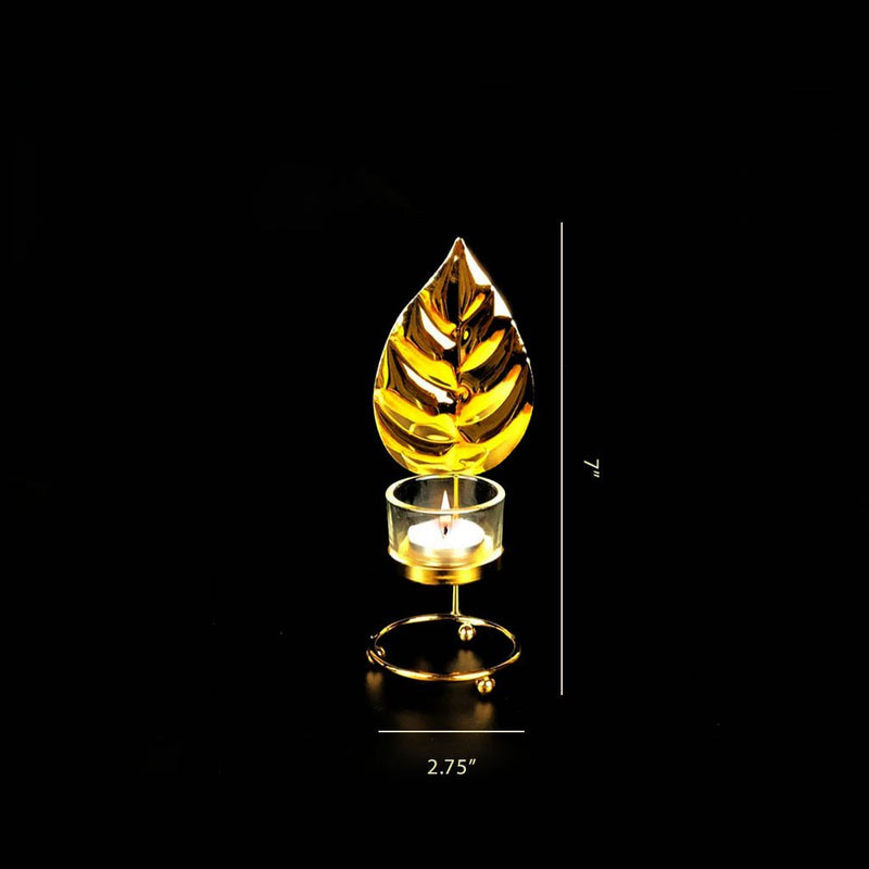 Leaf Metal Golden Candle Stand with Glass Pot - waseeh.com