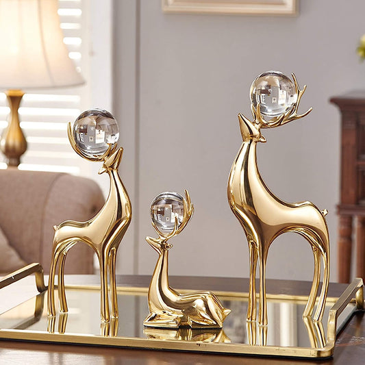 Golden Statue Deer Pearl Sculpture Decor (3pcs) - waseeh.com