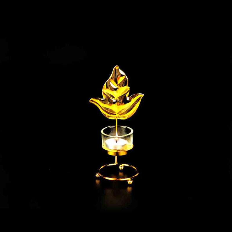 Leaf Metal Golden Candle Stand with Glass Pot - waseeh.com