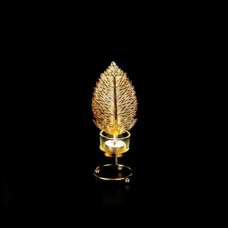 Leaf Metal Golden Candle Stand with Glass Pot - waseeh.com