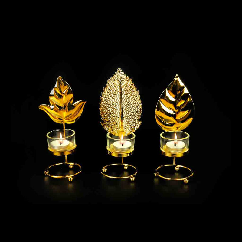 Leaf Metal Golden Candle Stand with Glass Pot - waseeh.com