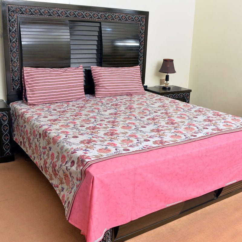 Pink Floral cotton bed sheet with 2 pillow cases - waseeh.com