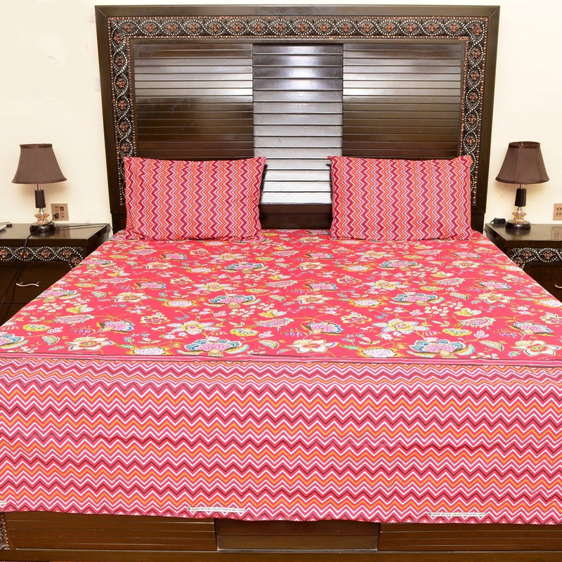 Floral red cotton bed sheet with 2 pillow cases - waseeh.com