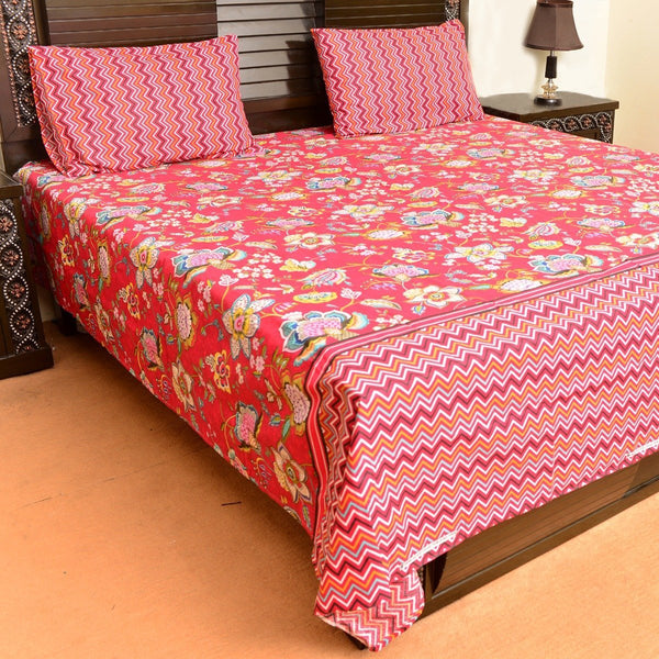 Floral red cotton bed sheet with 2 pillow cases - waseeh.com