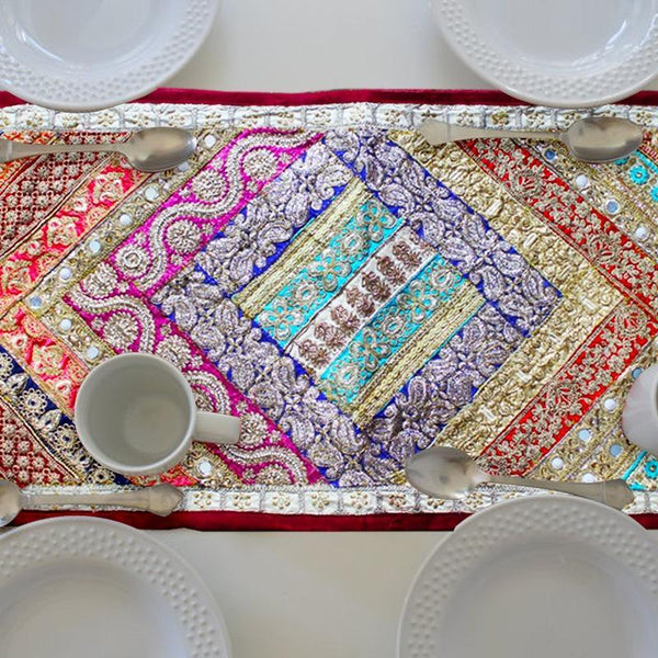 Zig zaggy Multi colour embroided table runner-1pc - waseeh.com