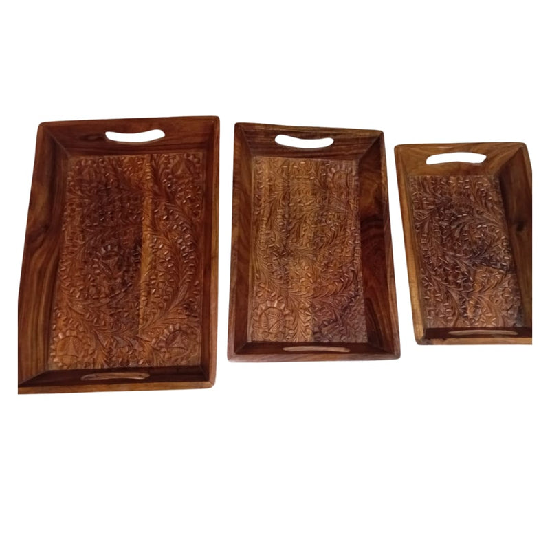 WOODEN CARVED SERVING TRAYS (SET OF 3)