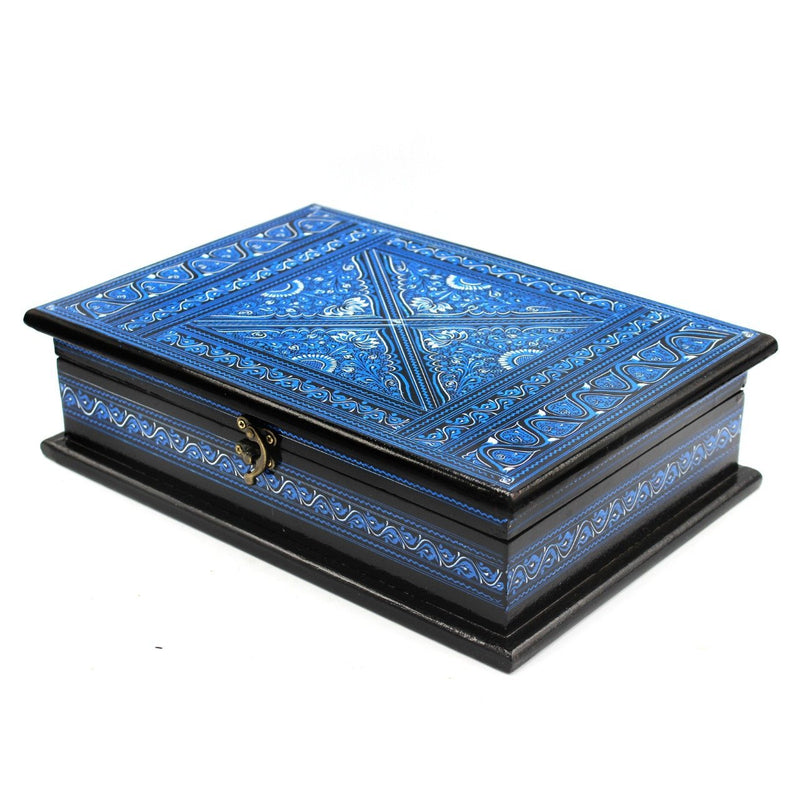 Wooden Hand Made Jewellery Box - Large - Blue - 13"x9"x3.5" - waseeh.com