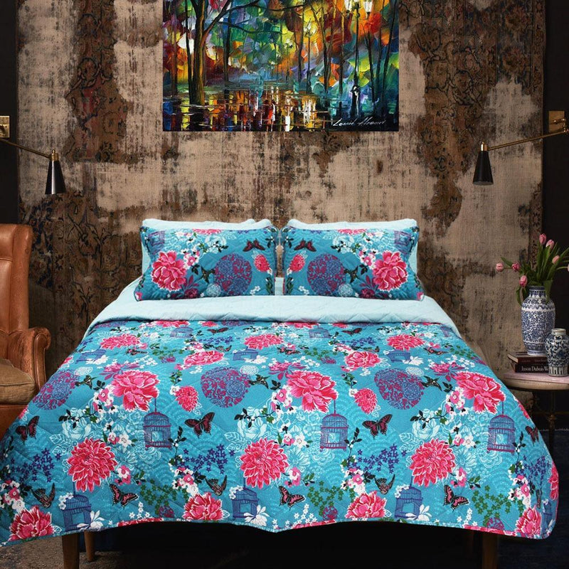 Blue Flowers - Export Quality Bed Spread Set - 6 pc - waseeh.com