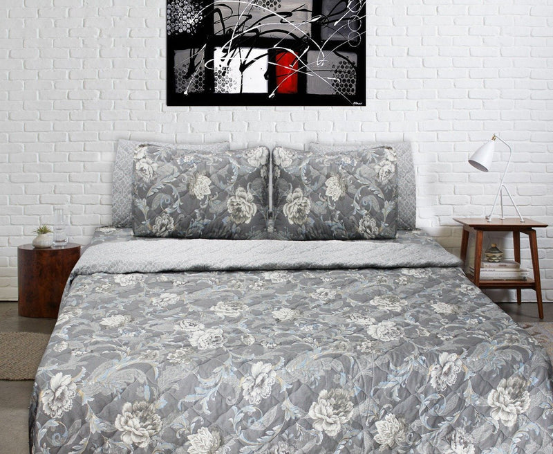 Touch of Elegance - 6 pieces - Bed Spread Set - Gray Floral - waseeh.com