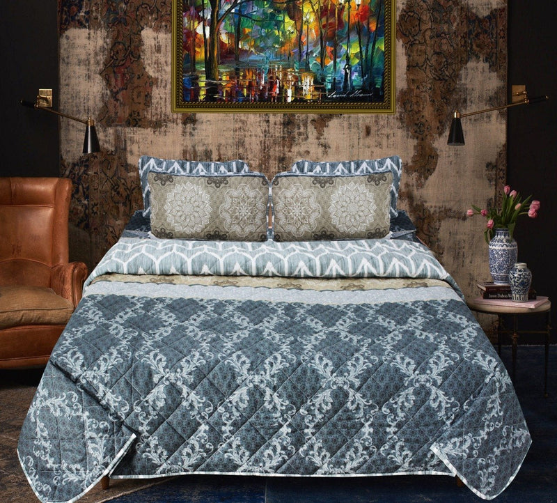 Blue Patterned - Export Quality Bed Spread Set - 6 pc - waseeh.com