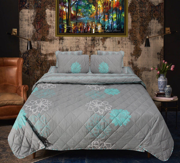 Aqua Floral on Grey - 6 Pieces Bed Spread Set - waseeh.com