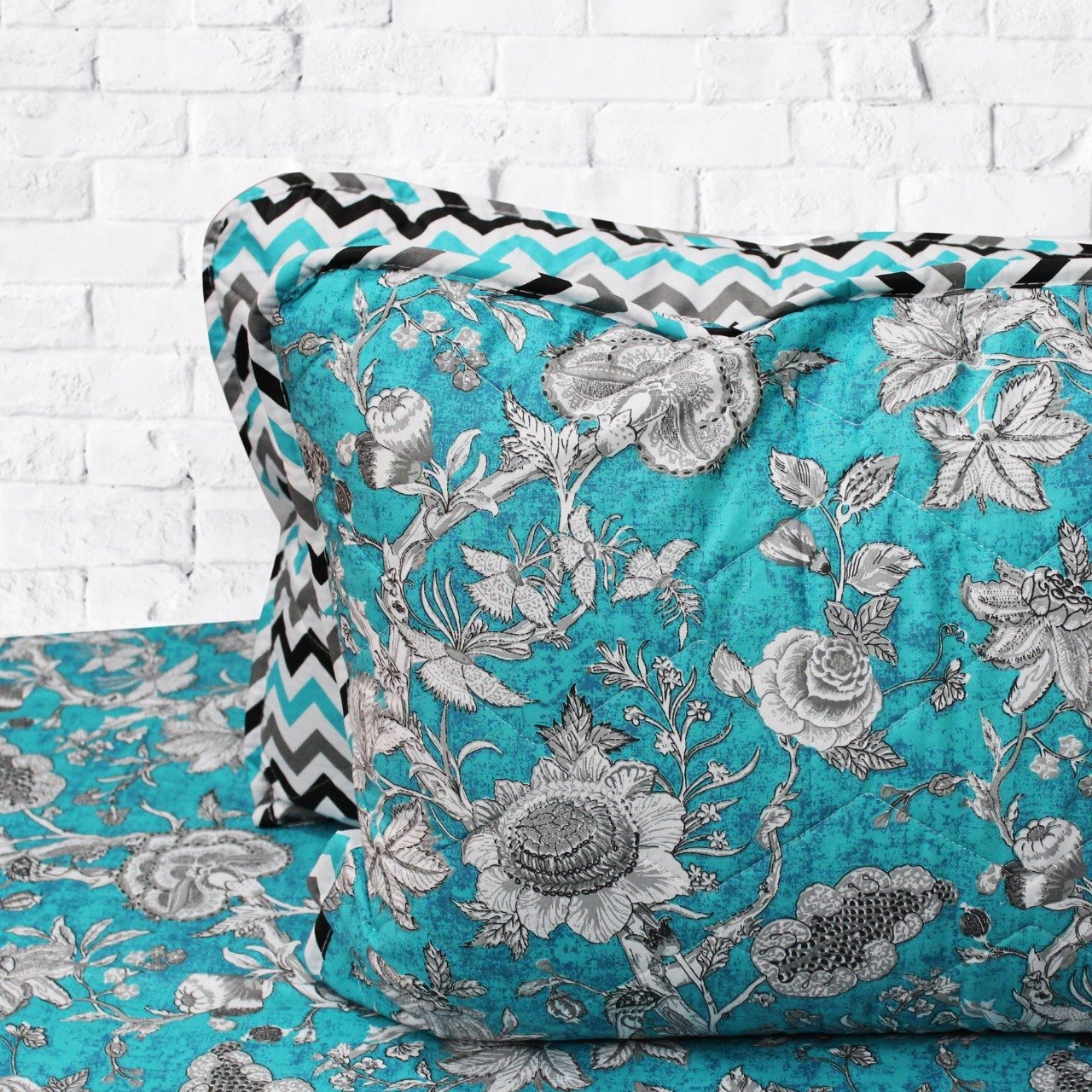 Blue Floral - Cotton Bed Spread Set - 6 pc - waseeh.com