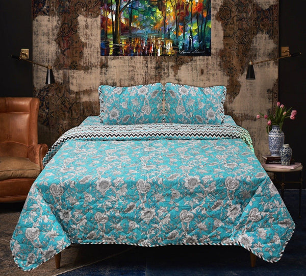 Blue Floral - Cotton Bed Spread Set - 6 pc - waseeh.com