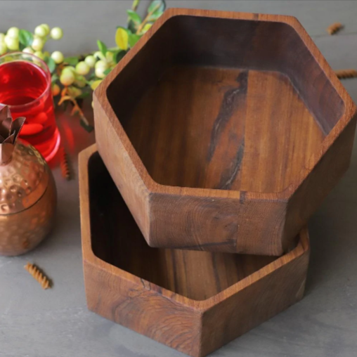 Hexagonal Wooden Kitchen Drawing Room Serving Box Tray - waseeh.com