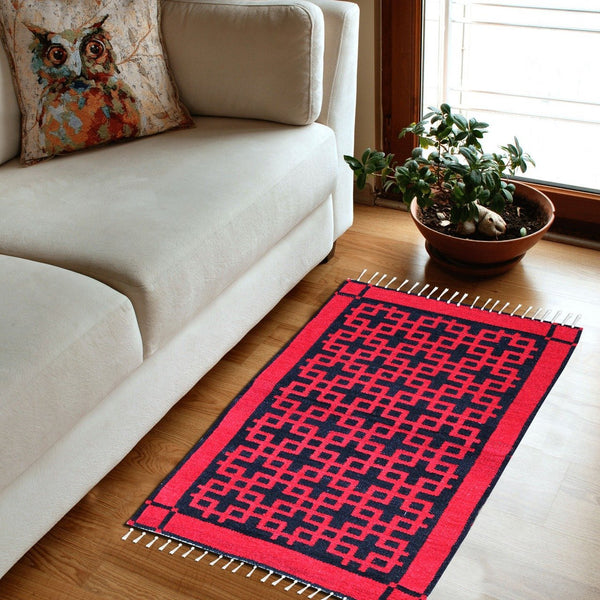 Geometric - Hand-woven Woolen Rug - Double Seam - Red and Black - 2' x 3' - waseeh.com