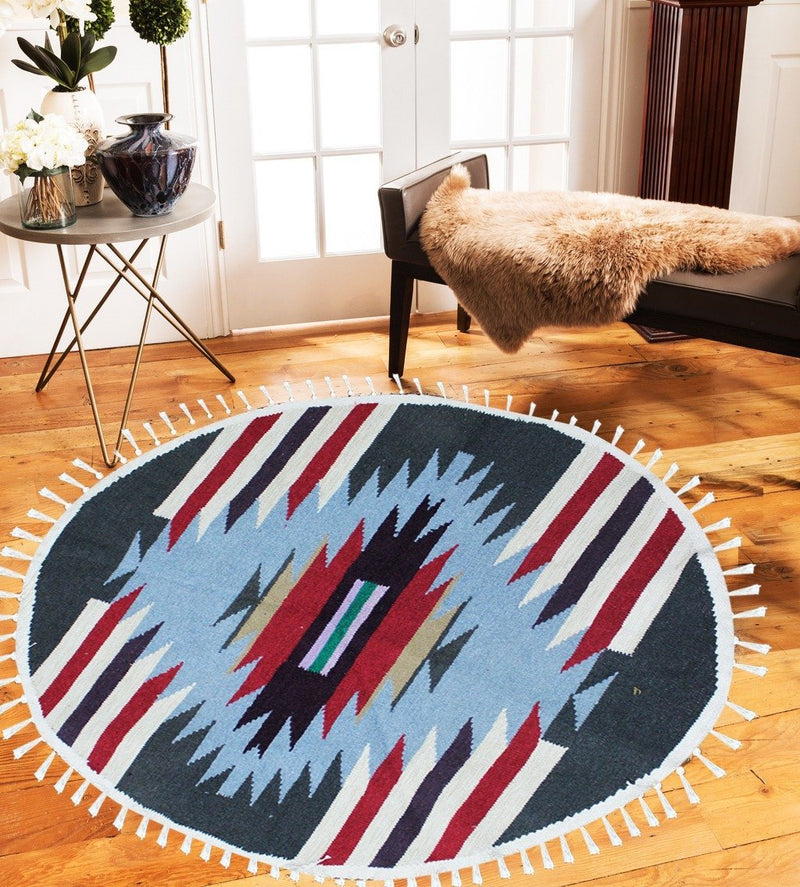 Round Geometric - Hand-woven Woolen Rug - Round Large - 4' x 4' - waseeh.com