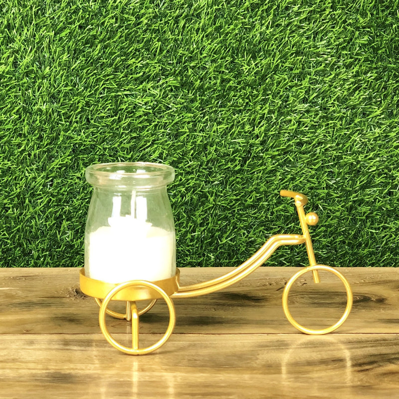 Cycle Metal Golden Candle Stand with Glass Pot & Candle - waseeh.com