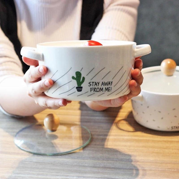 Cartoon Cactus Creative Ceramic Bowl Double Ear Anti-scalding Soup Bowl Korean Style Large Capacity Noodle Bowl - waseeh.com