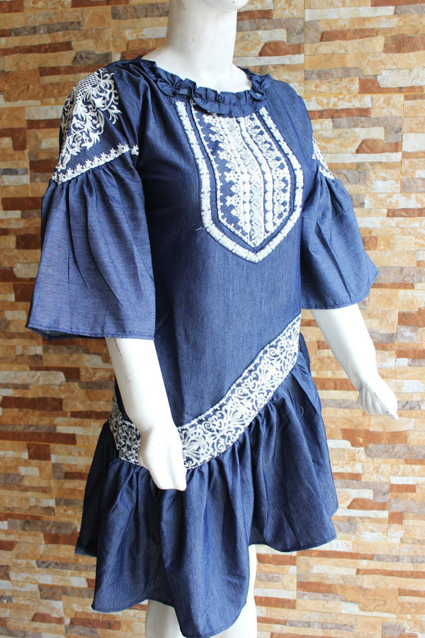 Embroided Cotton - Denium Blue - Ladies - waseeh.com