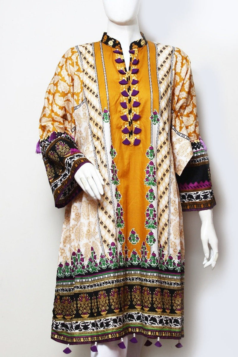 Beautiful Orange, With Beige & Brown - Lawn Fabric - Ladies - waseeh.com