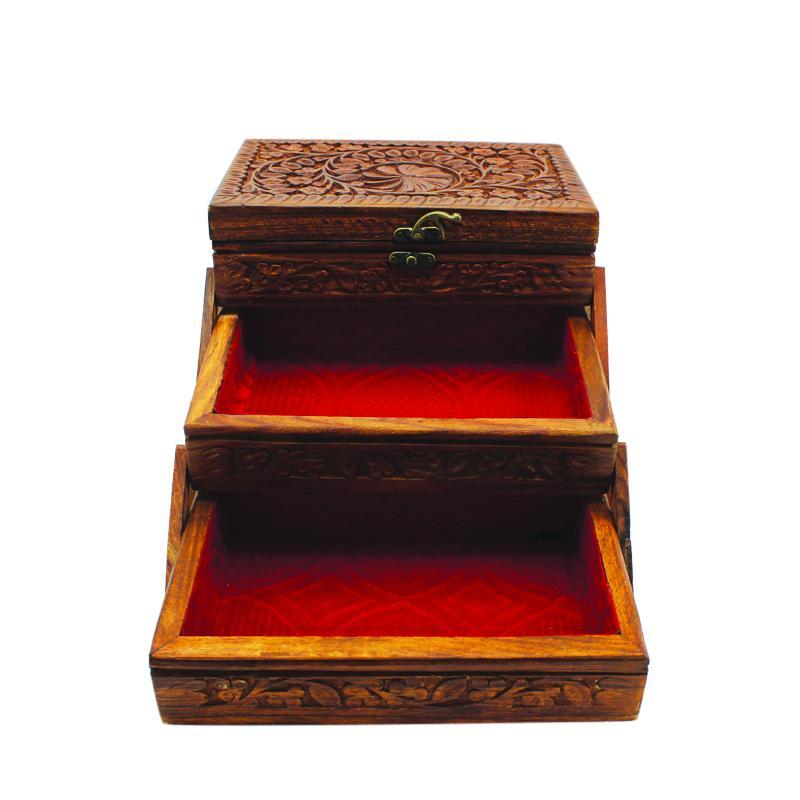 Wooden Hand Made Jewellery Box - Tri-Stepped - Carved - 6" x 8.5" - waseeh.com