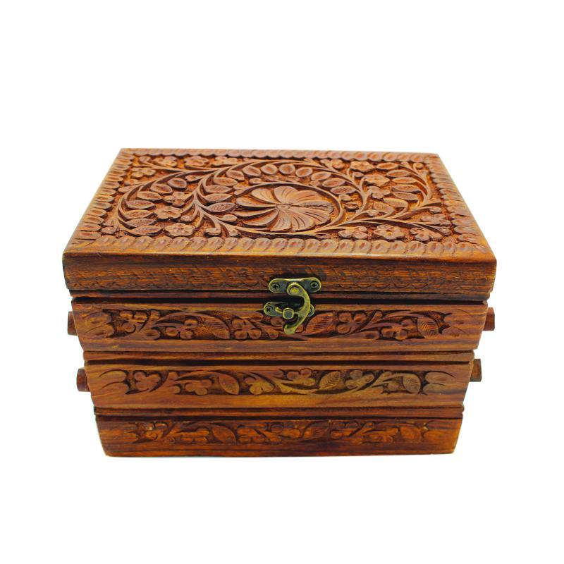 Wooden Hand Made Jewellery Box - Tri-Stepped - Carved - 6" x 8.5" - waseeh.com