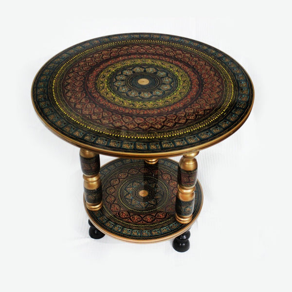 Double Wooden Table in Nakshi Art Top 24''- Black Gold - waseeh.com