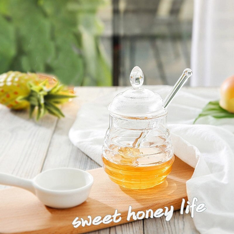 Transparent Honey Storage Jar with Beehive Style Spoon - waseeh.com